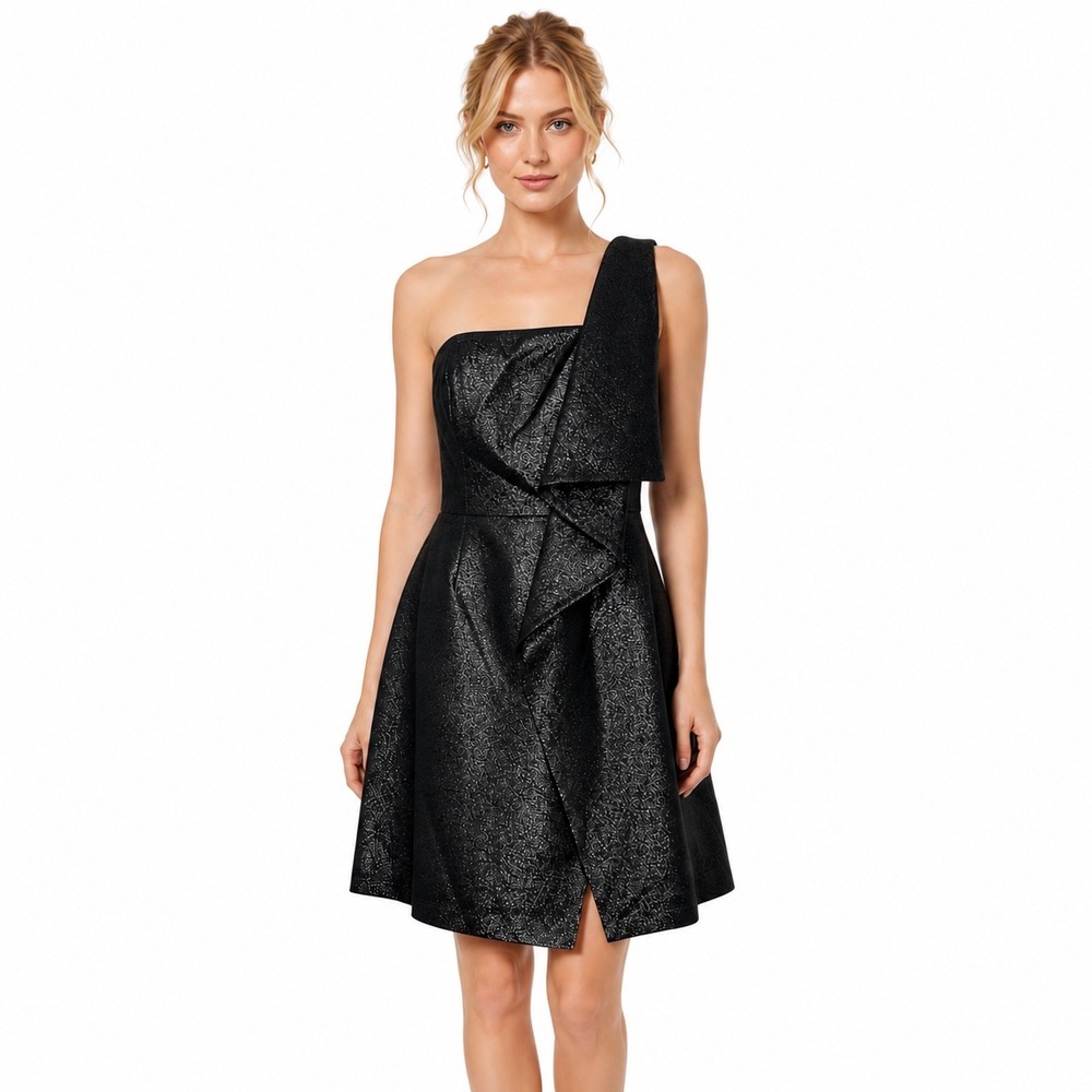 Halston Heritage NWT Black Metallic One Shoulder‎ Draped Cocktail Dress Size 0